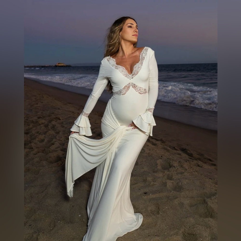 Momyknows White Lace Ruffle Ruched Draped Big Swing Elegant Maternity Maxi Dress